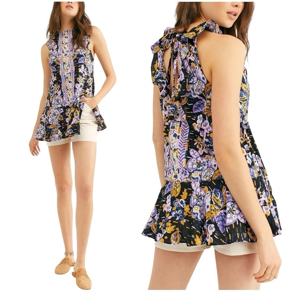 Free People Summer In Tulum Boho Linen Tunic Top Mini Dress Black Purple Medium